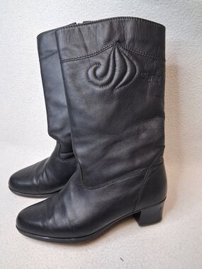 Vintage 1970's Christain Franchet Black Leather Mid-Calf Heeled Boots